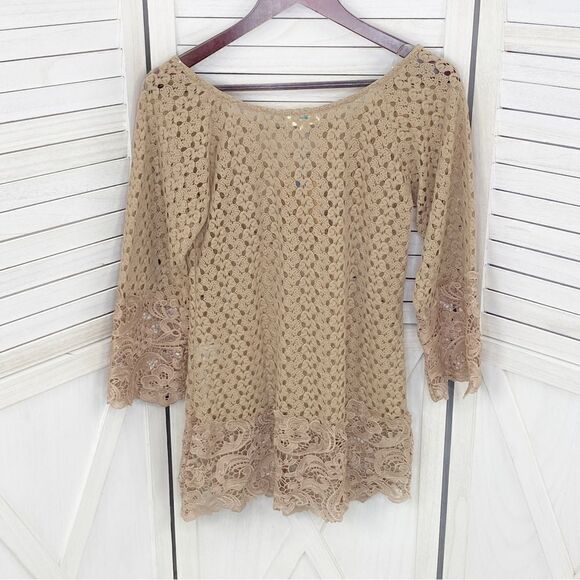 Kori Boho Cottagecore Crochet‎ Lace Hems Bell Sleeve Tunic Top Mocha Tan Small - Picture 10 of 14